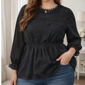 BloomChic Black Lace Trim Blouse Peplum Long Sleeve Boho Top XL